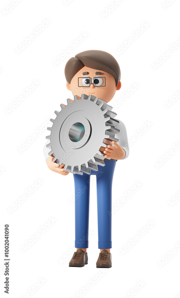 Poster 3d rendering of a character holding a gear with a white background. concept of engineering and techn