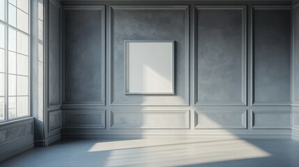 Mock up frame in a spacious, empty secret room with soft grey walls and a hidden compartment, 3D render 