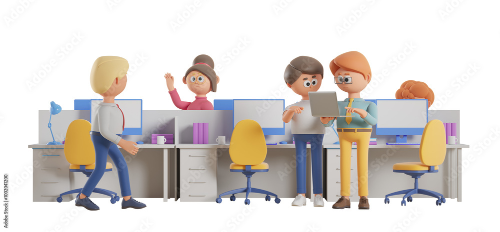 Poster cartoon-style office workspace with characters working and interacting, on an isolated white backgro
