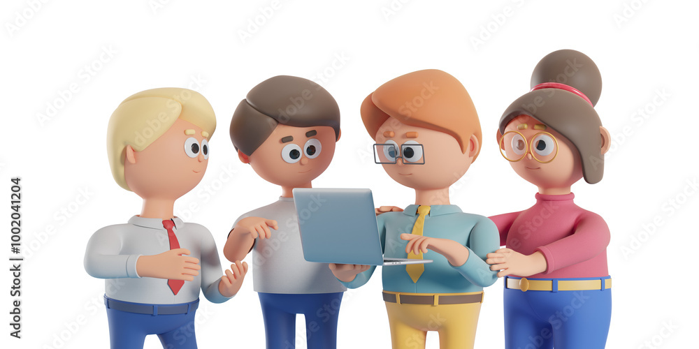 Poster group of cartoon characters collaborating on a laptop, isolated on white background. concept of team