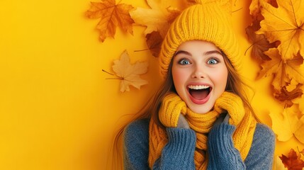 A joyful young woman wearing a yellow hat and scarf, surrounded by autumn leaves against a vibrant yellow background, embodying the spirit of fall.