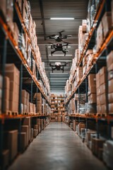 A warehouse aisle with stacked boxes and drones flying overhead for inventory management.