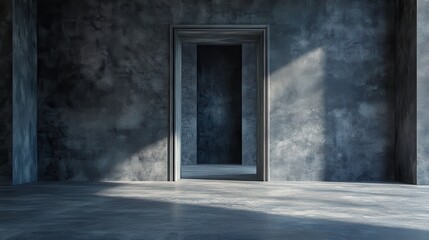 Mock up frame in an empty secretive room with dark grey walls and a hidden door
