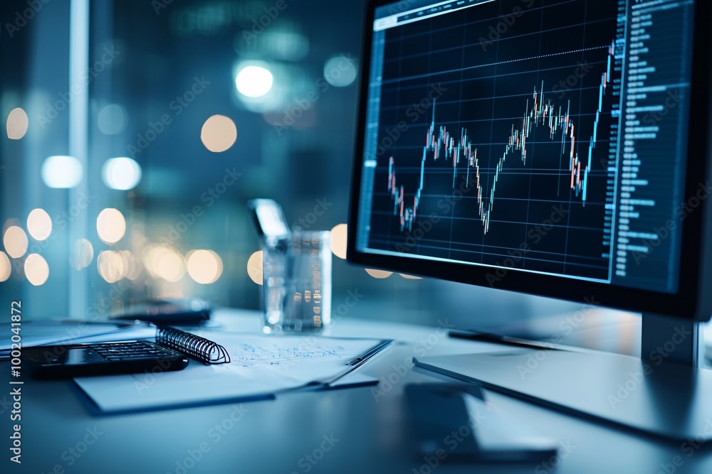 Poster a financial analyst's desk with a computer screen displaying a volatile stock market chart, alongsid