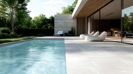 Modern Swimming Pool with Porcelain Tiles and Nature View