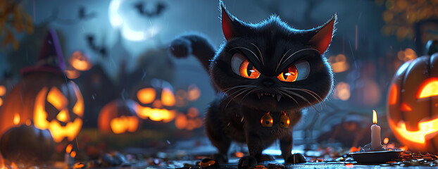 Spooky black cat pumpkin graveyard cemetery scary dark night full moon burning candles holiday halloween banner copy space