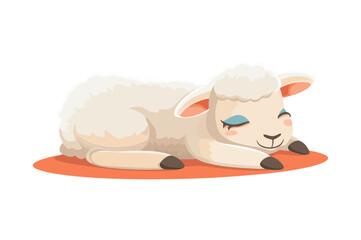A peaceful cartoon lamb sleeping on a soft red mat with closed eyes and a gentle smile. The lamb has fluffy white wool and looks calm and cozy.