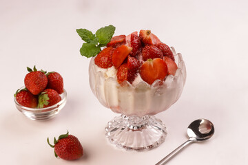 Strawberry Bingsu or Korean Shaved Ice Dessert with Strawberry.