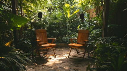 Rustic outdoor podcast setup, two wooden chairs facing each other, wireless microphones, surrounded by lush greenery and soft natural light