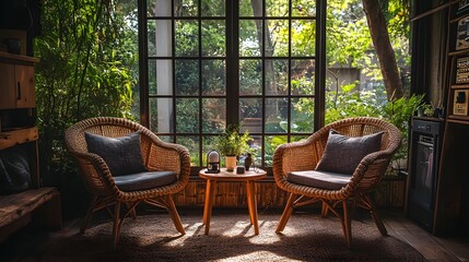 Obraz premium Rustic podcast studio featuring wicker chairs, wooden accents, open windows with greenery outside, wireless mics, warm natural lighting, serene vibe