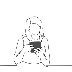 woman holding tablet vertically with both hands - single line vector image. concept of woman using tablet or device with big screen