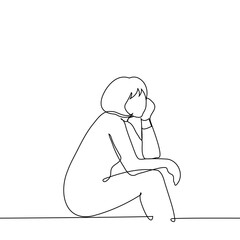 woman sitting supporting her chin with her hand, drawing in profile - single line art vector. concept dreamy, procrastinating, waiting, lazy woman sitting