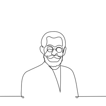 recommend clip art: old stylish man portrait in round glasses with beard and twisted top mustache tips - one line art vector. concept stylish, fashionable elderly man