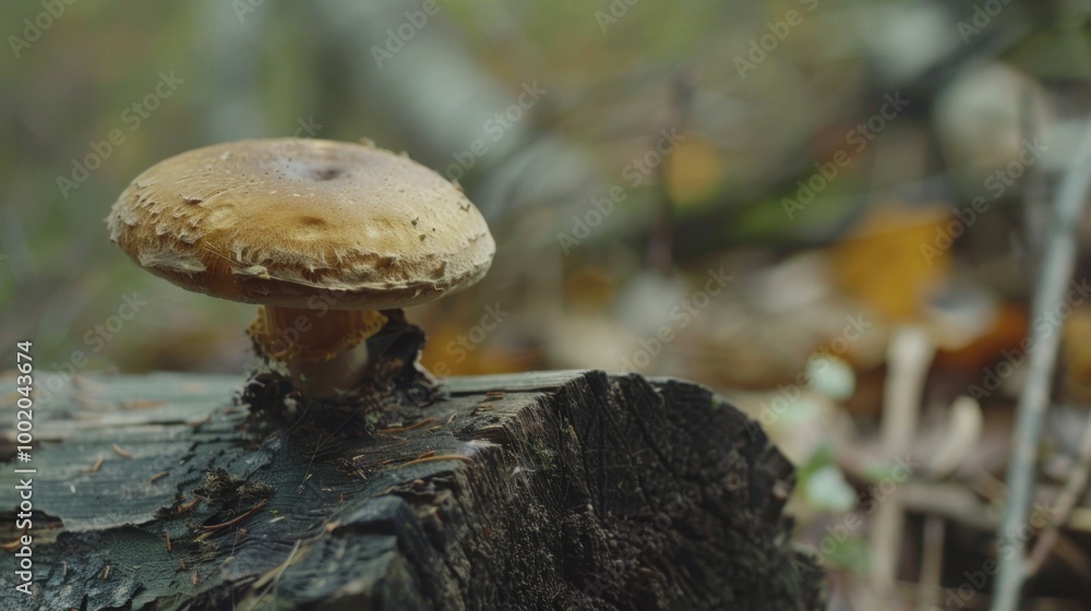 Poster mushroom growing on a log in a forest setting