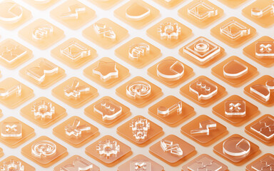 Transparent glass icons background, 3d rendering.