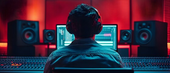 Sound engineer wearing headphones, focused on computer screen with audio software in soundproof recording studio, acoustic panels on walls, studio monitors and mixing console in background, copy space
