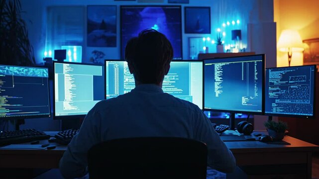 A programmer sits in a dark room, facing four computer monitors displaying lines of code