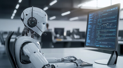 The Future of Work: A humanoid robot wearing a headset diligently works at a computer, showcasing the evolving role of AI in the modern workplace.
