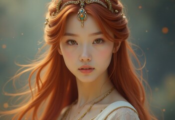 Portrait of a Woman with Long Red Hair and a Golden Crown