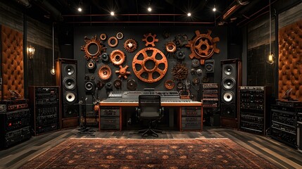 Obraz premium Steampunk-themed recording studio with cog-filled walls, copper accents, and vintage microphones, surrounded by dark, moody lighting and a mechanical vibe