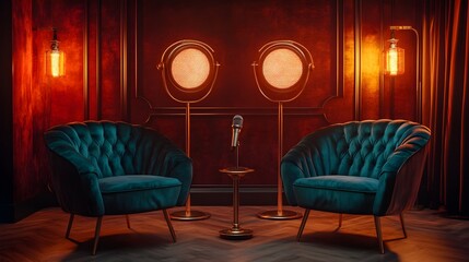 Stylish podcast studio featuring luxurious velvet chairs and retro-style microphones. Dimmed ambient lighting, with gold accents for a modern, professional aesthetic. Perfect for social media posts