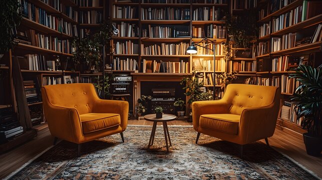 Stylish podcast studio design with comfy armchairs, gentle lighting, and microphones on stands, framed by bookshelves full of books. Warm and inviting space for creating engaging audio content
