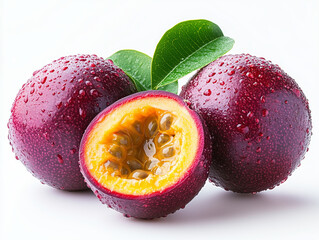 Fresh Juicy Passion Fruit with Water Droplets and Green Leaves, Vibrant Exotic Tropical Fruit Photography