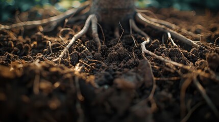 Fototapeta premium Roots in Rich Soil Underneath a Tree Canopy
