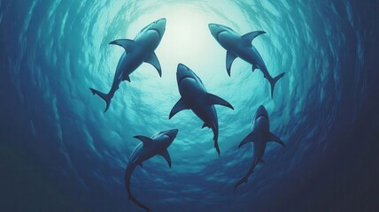 Fototapeta premium Majestic great white sharks circling beneath the surface of the ocean, captured in an artistic, circular composition, with detailed textures and deep blue tones