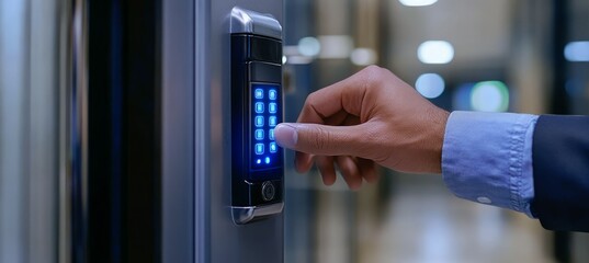 Businessman push password code for digital lock door. Cyber security system. Generative AI technology.	
