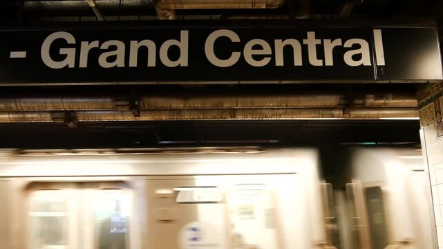 New York City subway station interior, underground metropolitan platform sign. Metro railway passenger train, public transport, United States. Text signboard Grand Central Terminal, 42 st., Manhattan.