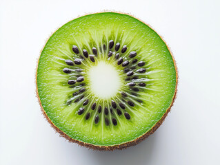 Fresh sliced kiwi fruit with vibrant green flesh and black seeds isolated on white background for food and health concept