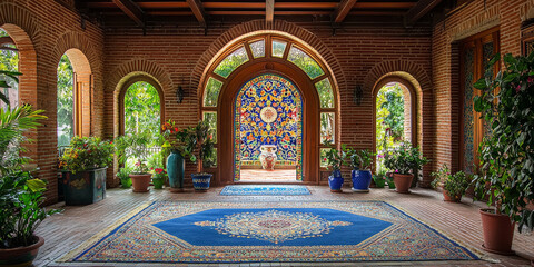 Obraz premium An arched wall with a Persian floral tile mosaic in the center, generative AI