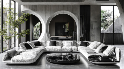 Fototapeta premium Modern living room with a curved sofa and a round coffee table.