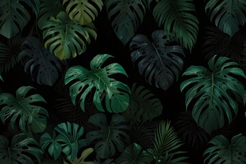 Dark green tropical leaves on black background, leaves composition, floral background, manstera, palm leaves. AI Generative AI