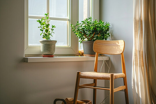 A Small Potted Plant and Wooden Chair by the Window &ndash; Adding Warmth to Minimalist Lifestyle with Natural Materials, Creating a Cozy and Inviting Atmosphere