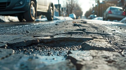 Naklejka premium Potholes on a Winter Street with Vehicle Traffic