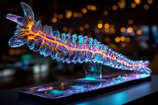 3D cross-section of the spinal cord, showing detailed modeling of the vertebrae, nerve roots, and spinal cord structures in a dynamic digital environment