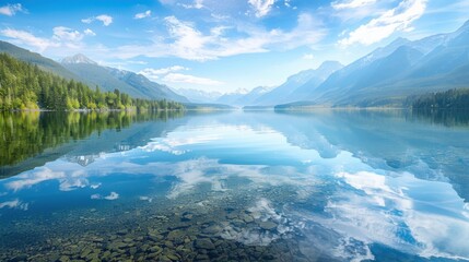 Peaceful Lake and Mountain Reflection Under Blue Sky