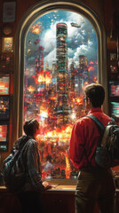 Obraz premium Two people watch in horror as a futuristic city burns.