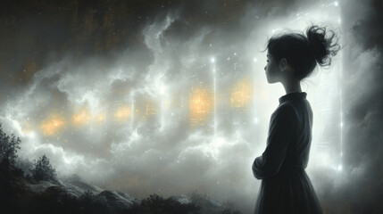 Obraz premium Young girl gazing at a glowing portal in the sky.