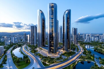 Naklejka premium 3D-rendered urban cityscape, with skyscrapers, roads, and green spaces fully modeled in a vibrant digital environment showcasing modern architecture