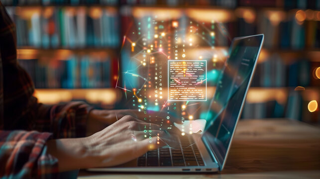 A person uses a laptop with virtual e-book icons, accessing an online digital library, illustrating the e-library concept and internet-based knowledge base.

