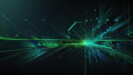 Fototapeta premium Abstract digital art with green and blue lines and shapes radiating from a central point on a black background.