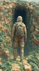 A lone hiker stands at the entrance of a dark cave, contemplating the unknown.