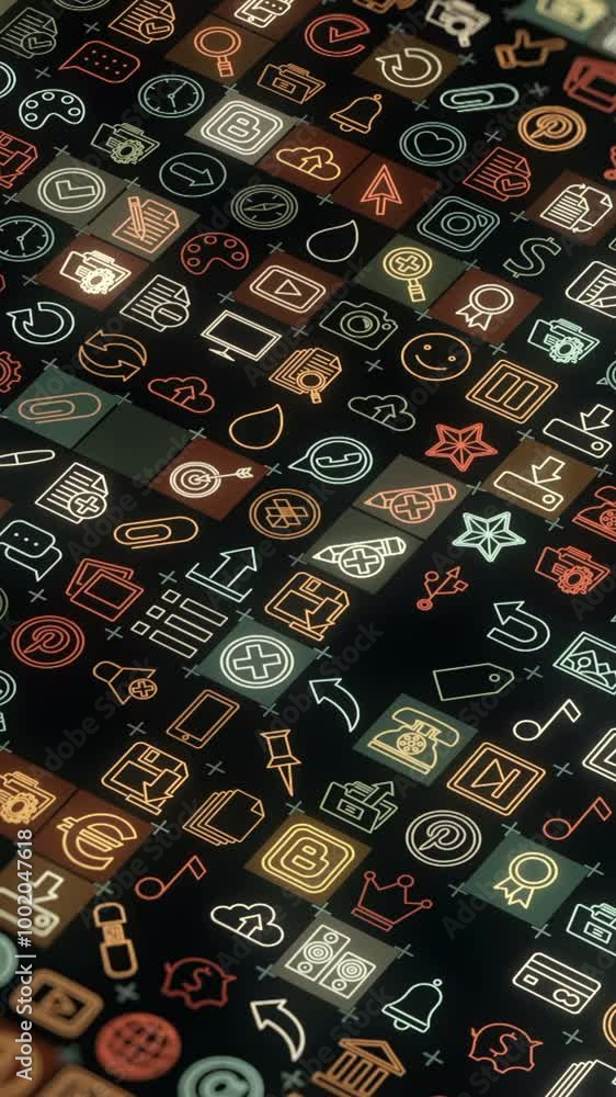 Poster abstract animation of social media network icons and emojis on the black background. animation. anim