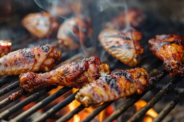 Smoky grilled chicken drumsticks sizzling over flames for a perfect barbecue