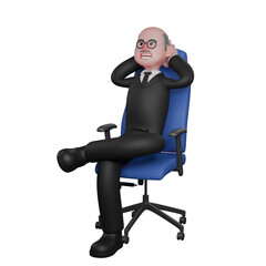 Male Judge Professional Character. A judge sits on a chair with his left leg on his right leg and both hands behind his head. 3D Illustration