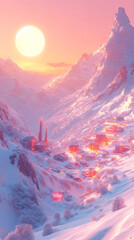Obraz premium A snowy mountain valley with a glowing town at sunset.