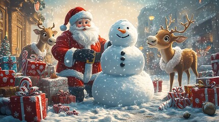 Santa Claus and reindeer building a snowman, surrounded by gifts and candy canes, snowflakes falling softly, cute cartoon style, bright and fun colors, playful winter setting, hd quality.